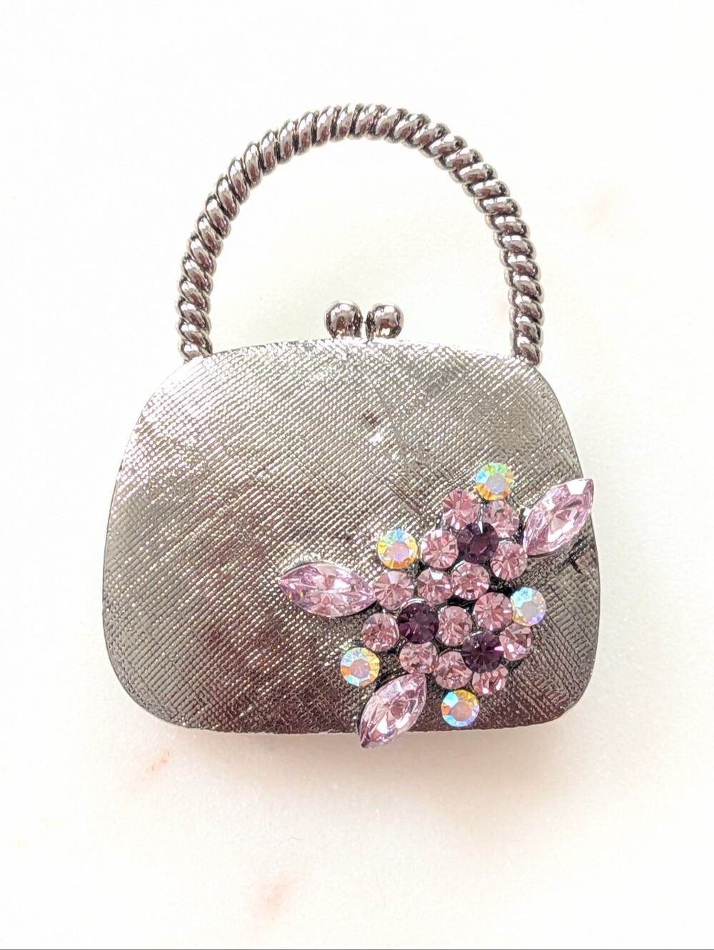 Purse Brooch Purple Rhinestone Aurora Borealis